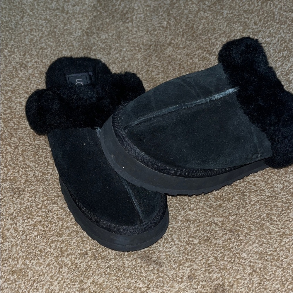 UGG Black Suede Fur-Lined Mules